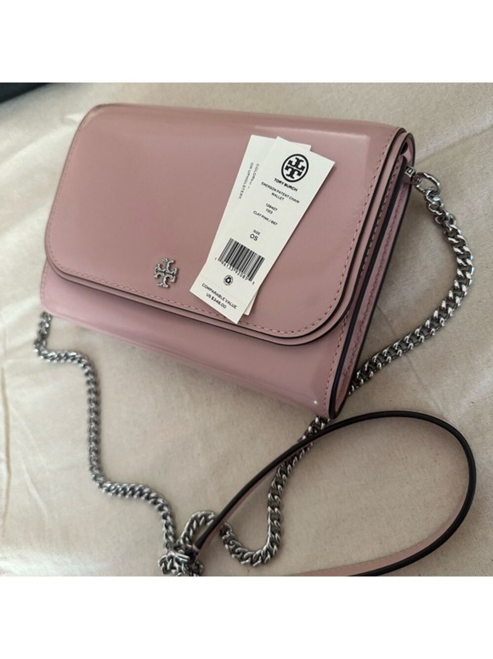 New Tory Burch EMERSON PATENT CHAIN WALLET CLAY PINK